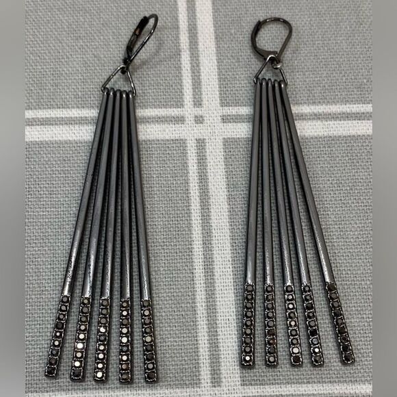 Earrings Pierced Gunmetal Rhinestones Black Long Drop Dangle Statement Jewelry - Picture 3 of 5